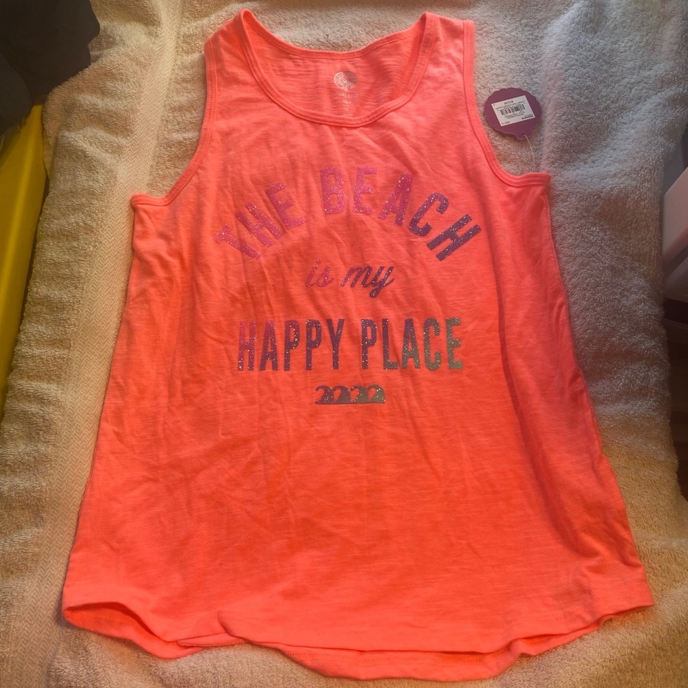 SO Girls Neon Coral The Beach Is My Happy Place Glitter Graphic Tank Top Size 12
